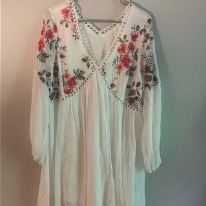 White Embroidered Long Sleeve V-Neck Sundress